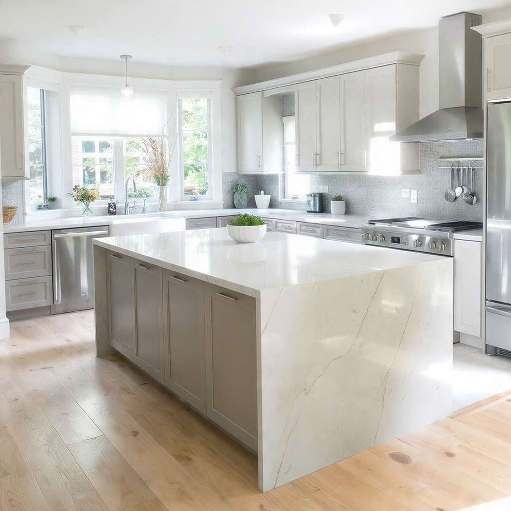 Modern kitchen island with perfect dimensions, showing balanced space and design for an ideal kitchen layout.