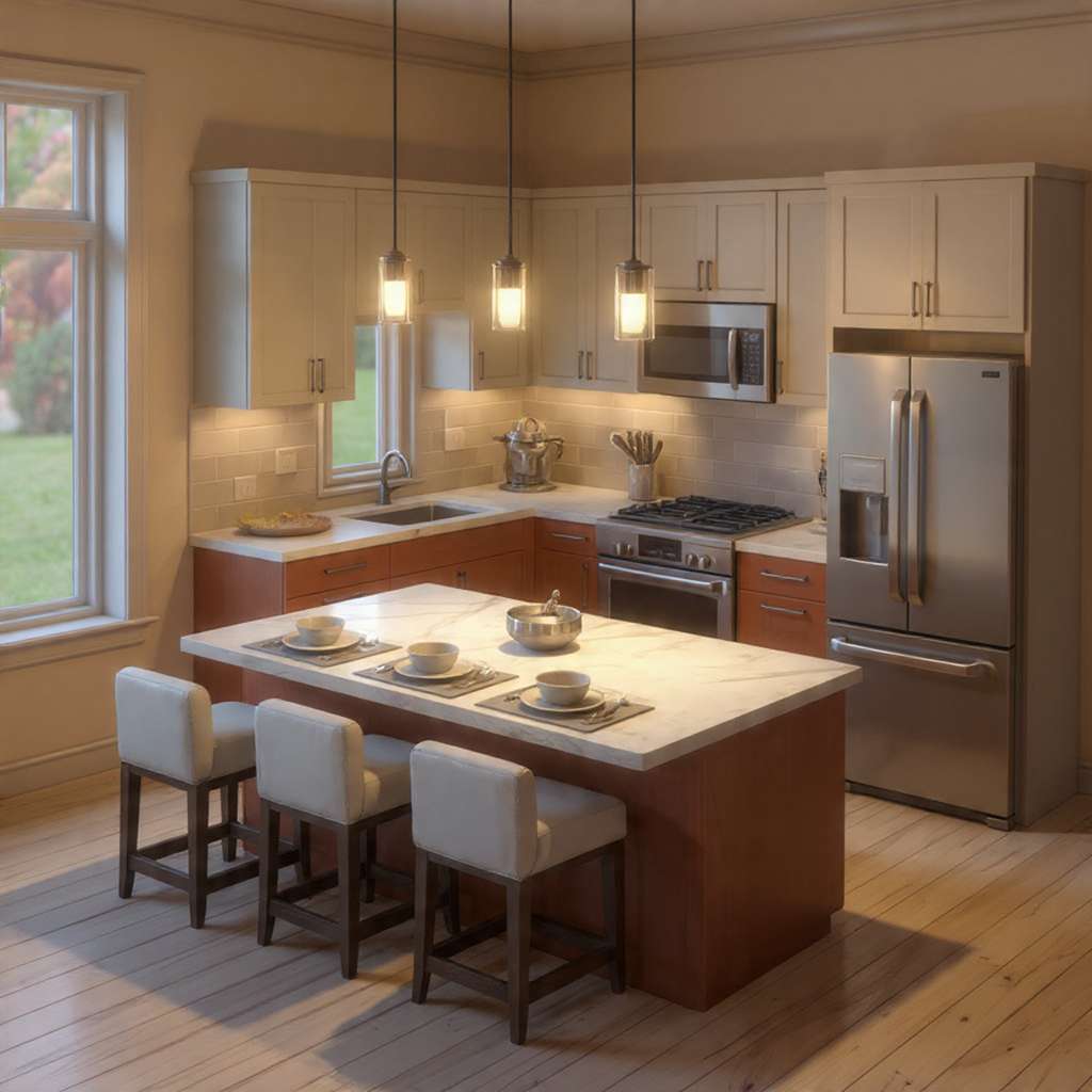 Kitchen island with seating for three showing correct overhang and spacing.