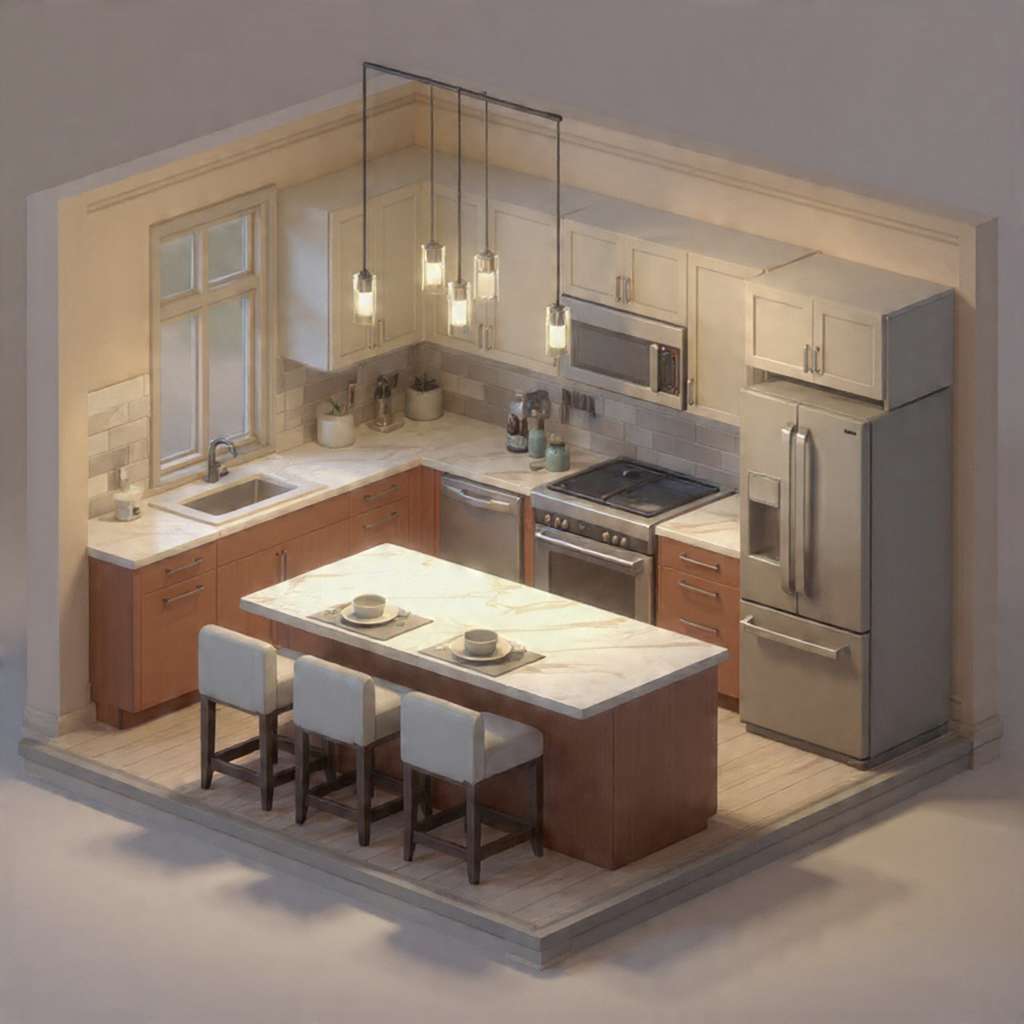 Kitchen island with built-in sink and dishwasher showing ideal spacing.