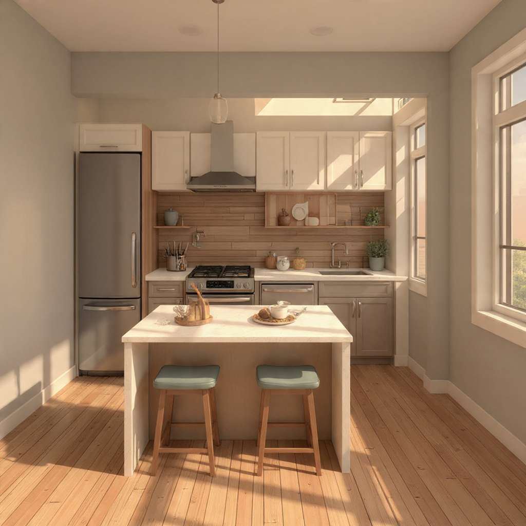 Small kitchen island with minimal dimensions designed for compact spaces.