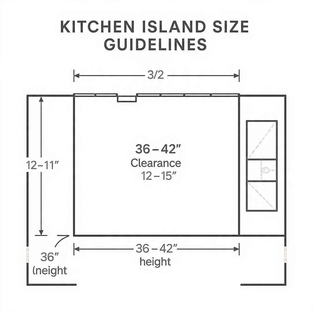 Kitchen island size guidelines chart showing clearance, overhang, and height recommendations for different kitchen layouts.