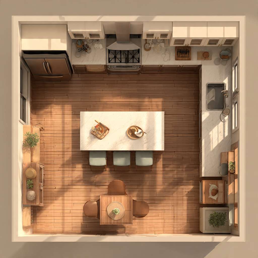 Standard 4x2 feet kitchen island with seating and proper clearance on all sides.