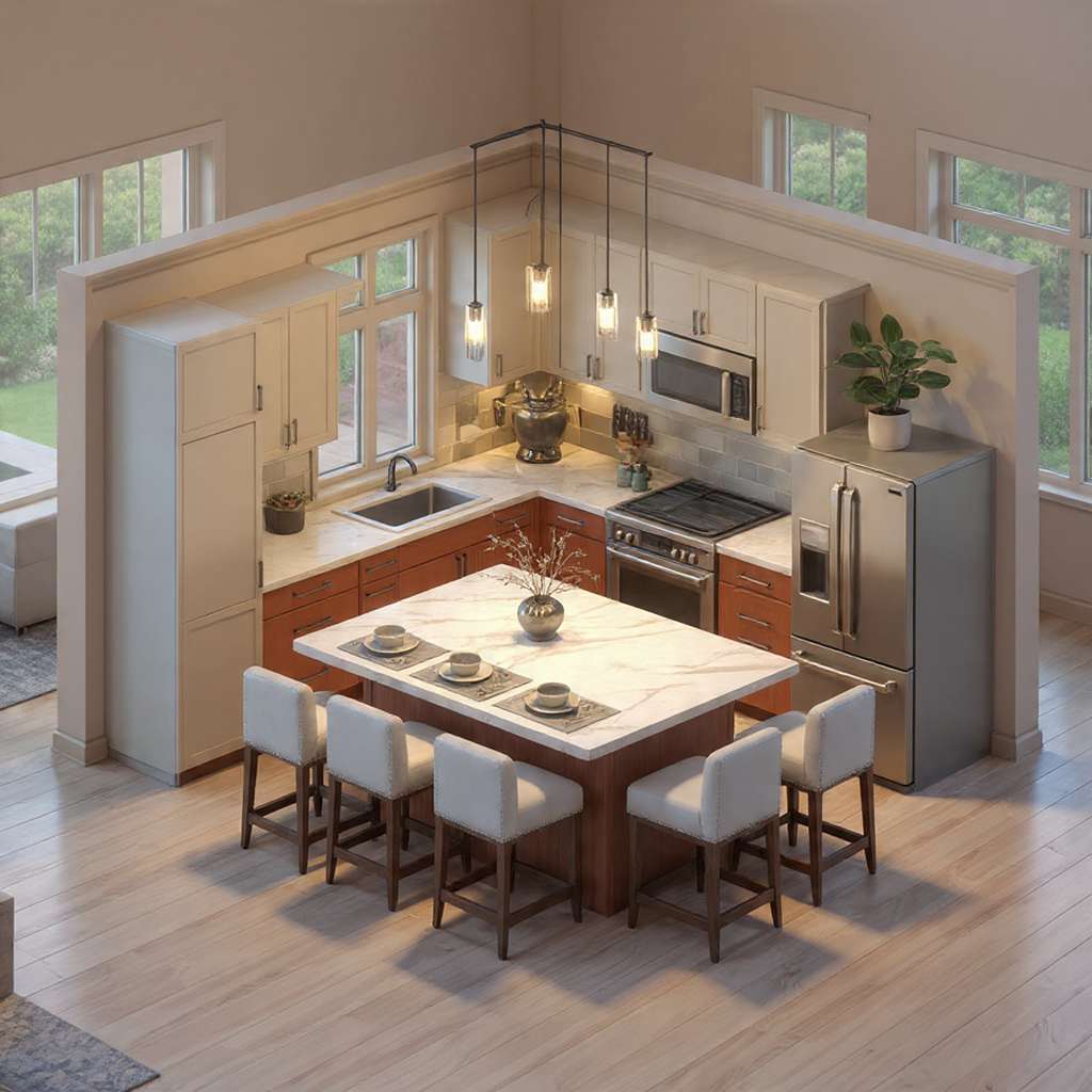 Large kitchen island in open-plan kitchen showing generous spacing and design.