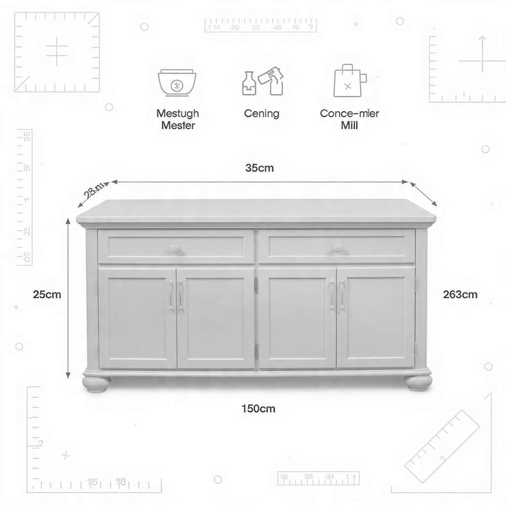 Kitchen island size chart showing measurements in feet, inches, cm, and mm.