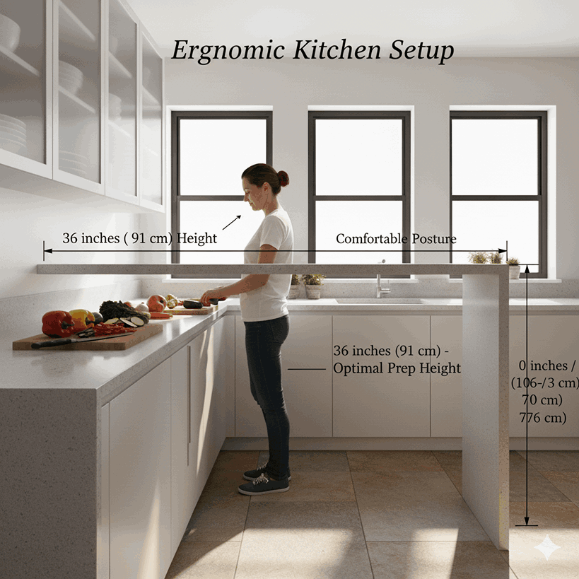 Person preparing food on a 36-inch counter showing comfortable working height.
