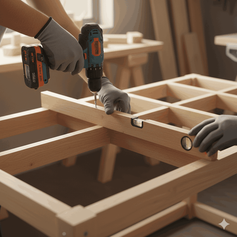 Assembling the base frame for a kitchen counter.