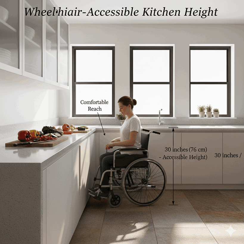 ADA-friendly kitchen counter with lower height for wheelchair accessibility.