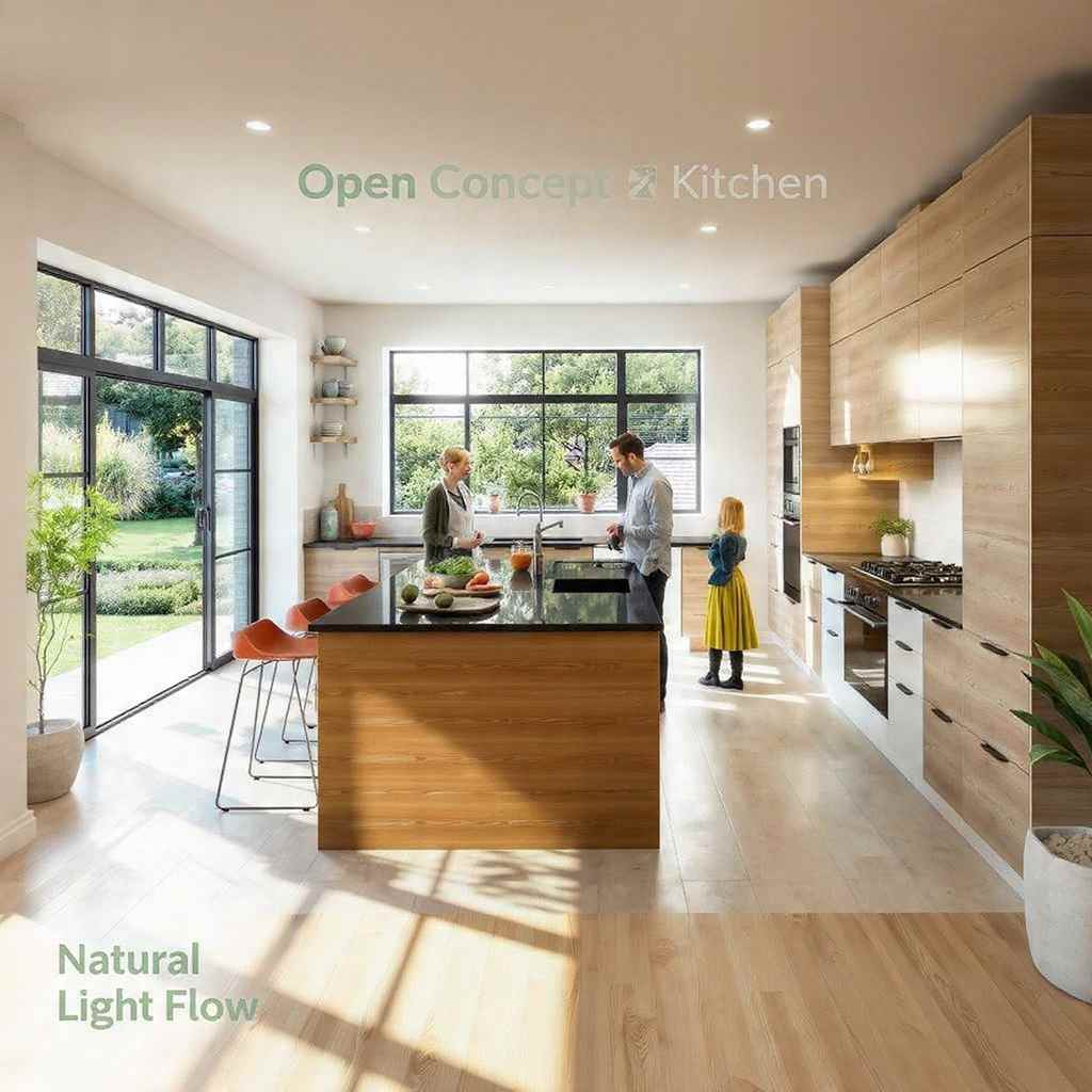 Closed kitchen with glass sliding doors and storage cabinets