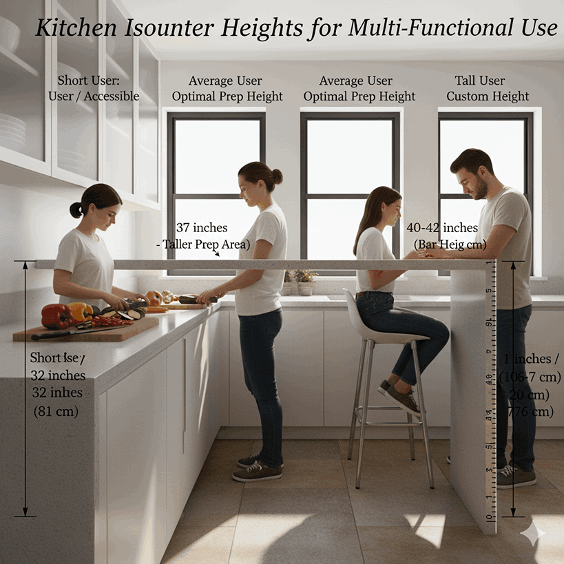 Kitchen island with a slightly taller 37-inch counter used for cooking and seating.