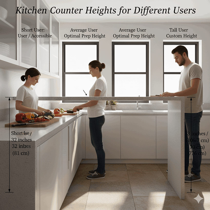 Comparison of different counter heights for short, average, and tall users in a kitchen.