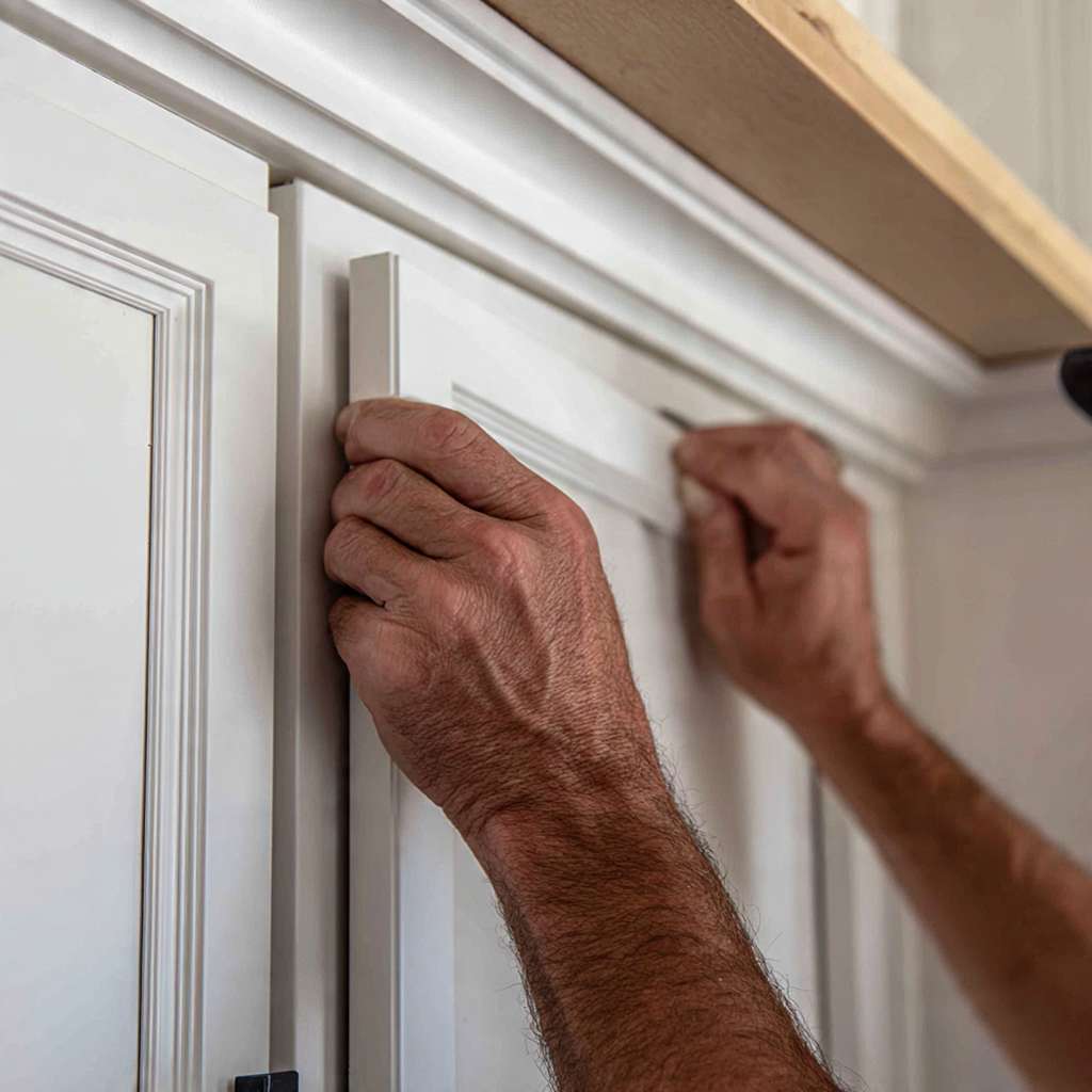 checking cabinet level with spirit level