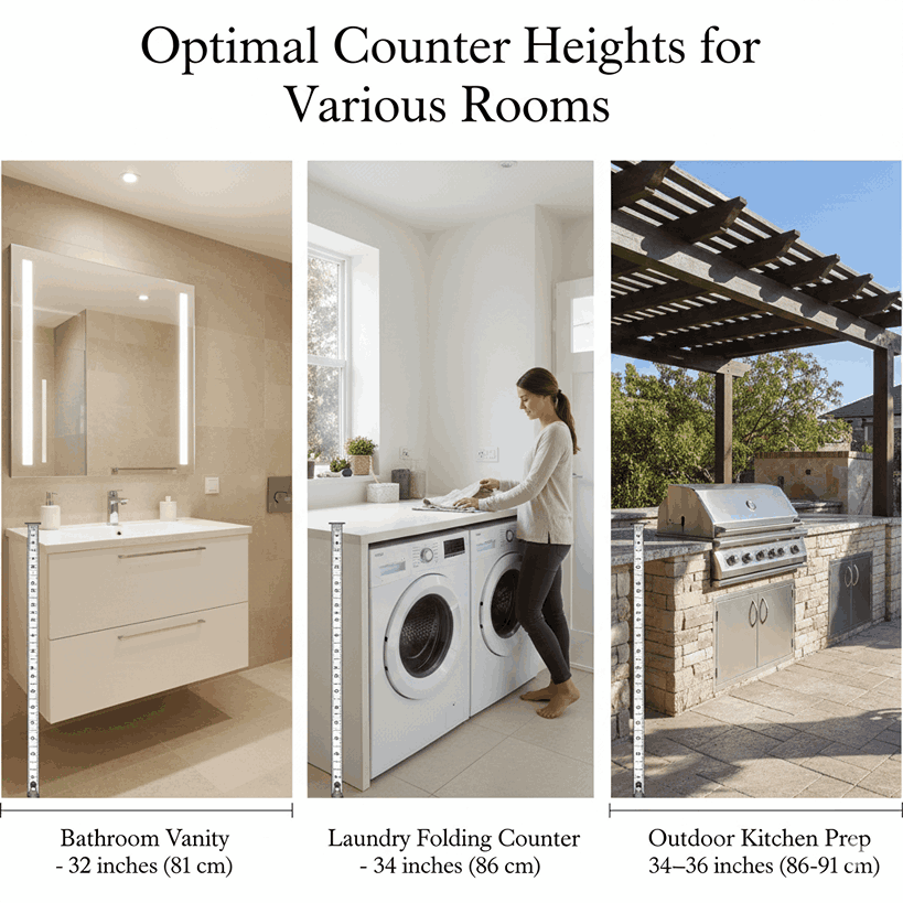 Bathroom vanity, laundry counter, and outdoor kitchen counter shown with their typical heights.