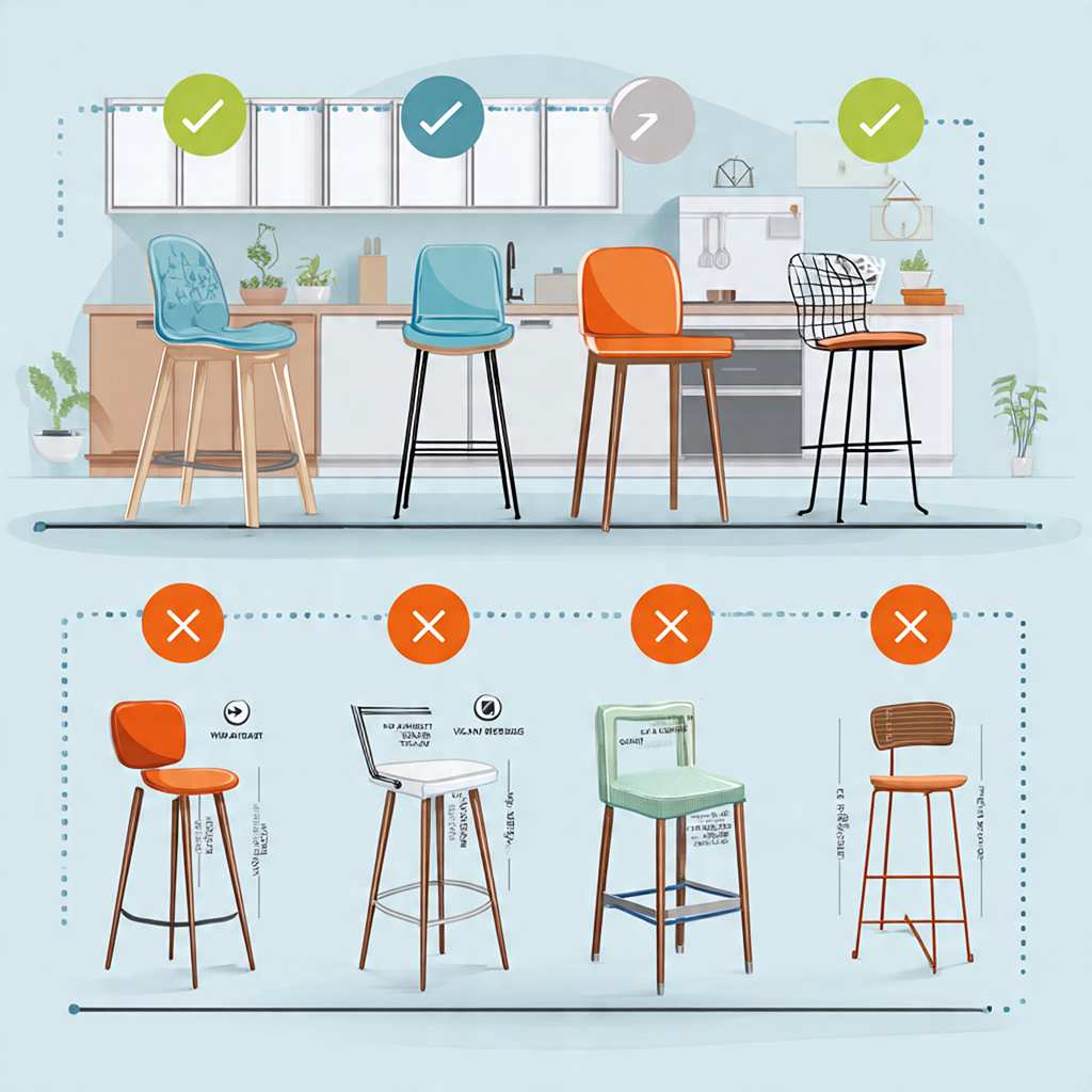 Infographic showing common bar stool mistakes including wrong height, poor spacing, and ignoring back or armrest clearance