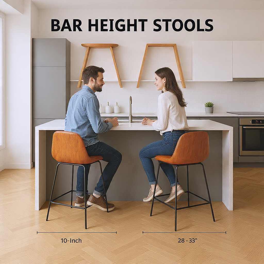 Comparison of counter height stools and bar height stools side by side showing difference in seat heights in a modern kitchen.
