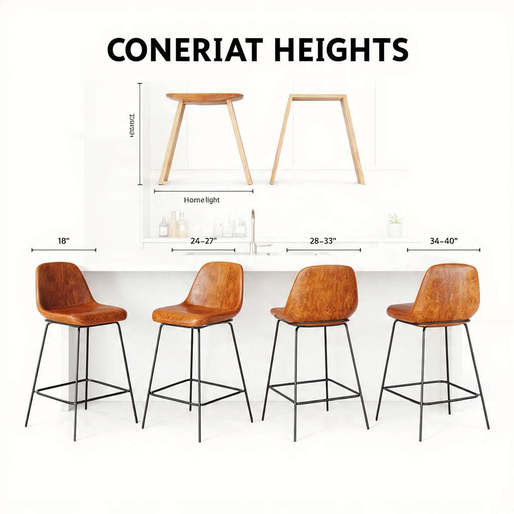 Chart showing standard bar stool heights with chair, counter, bar, and extra tall stools in a modern kitchen setting.