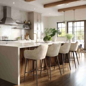 Different bar stool heights arranged in a modern kitchen, showing counter stools, bar stools, and extra tall spectator stools.