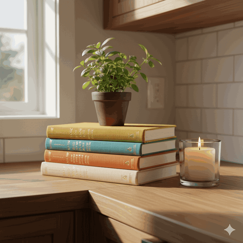 Kitchen corner with cookbooks stacked next to a plant and candle, combining practical use and visual appeal.