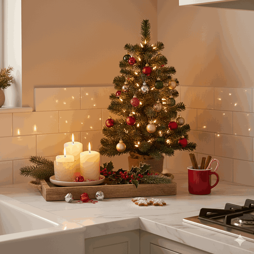 Kitchen counter corner decorated for Christmas with mini tree, candles, and festive tray for seasonal charm.