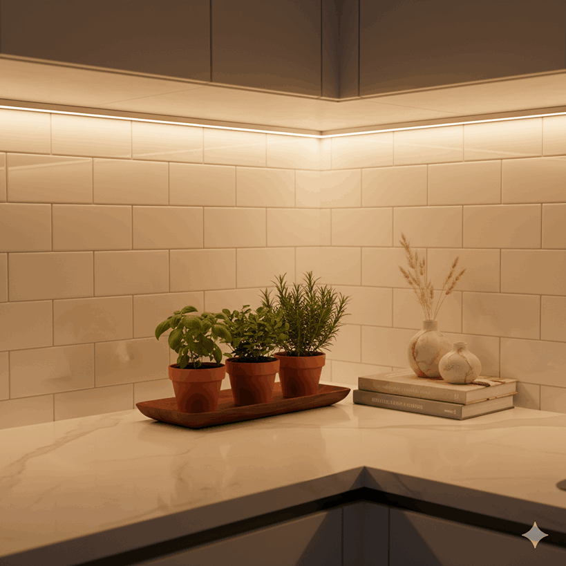 Kitchen counter corner illuminated with under-cabinet LED lights, enhancing decor and cozy atmosphere.