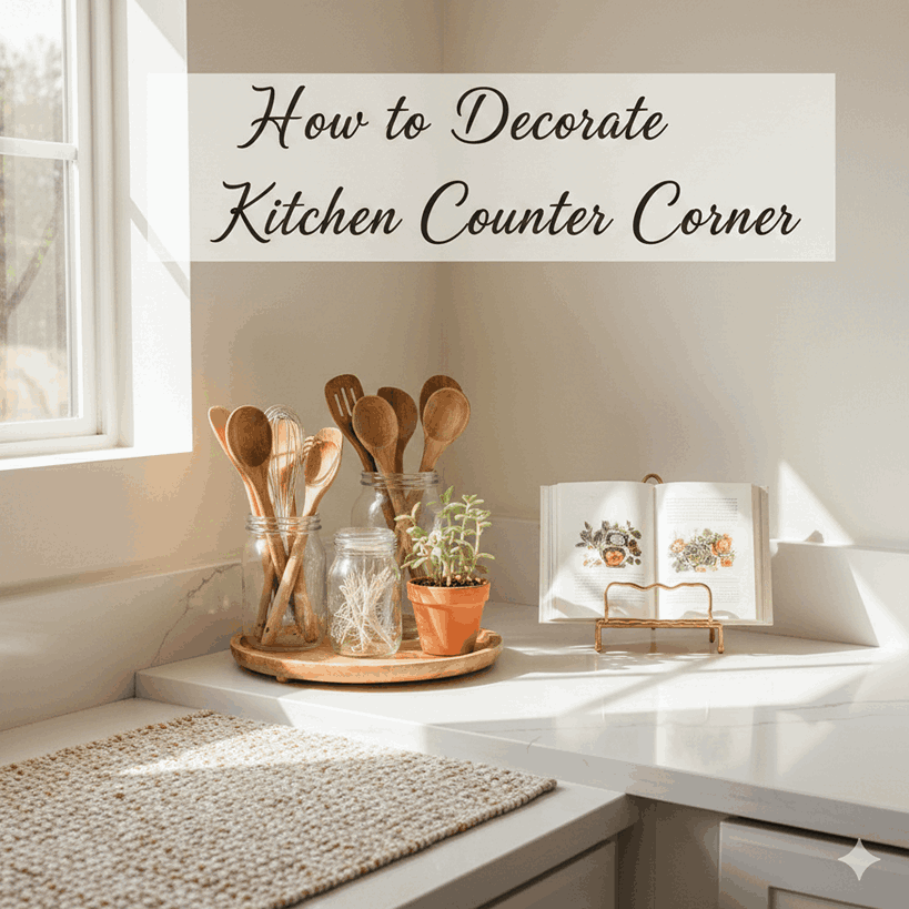 Modern kitchen counter corner decorated with tray, plant, and cookbook stand for a cozy and stylish look.