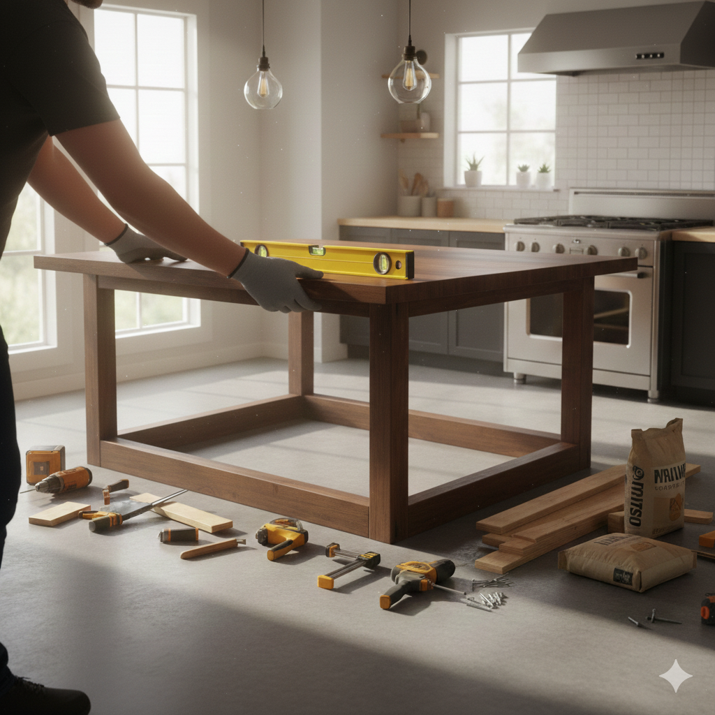 Mounting a kitchen countertop onto the frame.