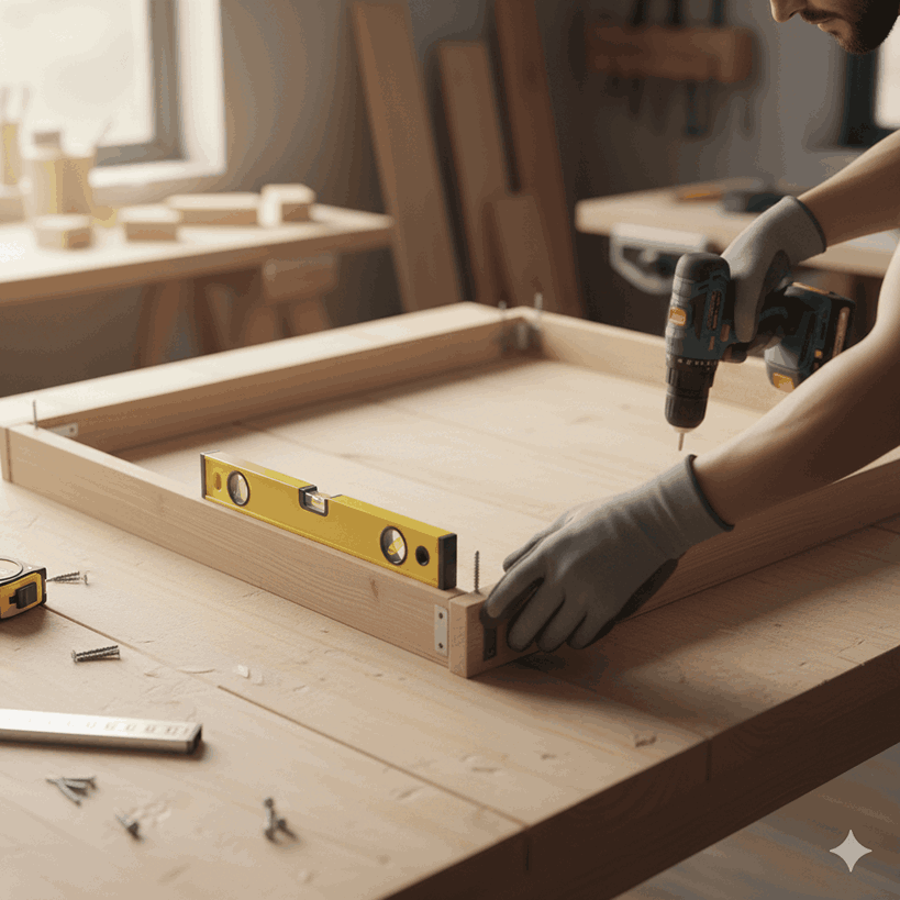 Setting up a safe workspace for building a kitchen counter frame.