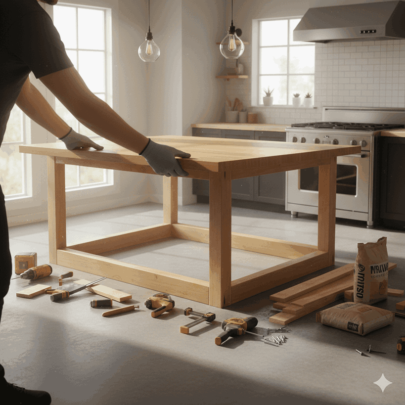 Installing crossbeams for kitchen countertop support.