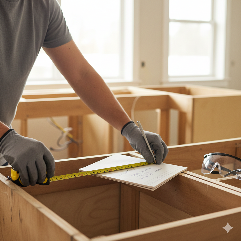 Measuring kitchen space for building a counter frame.