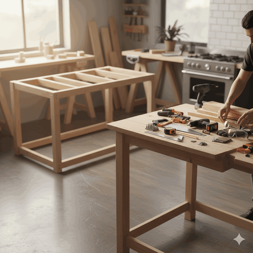 Designing a kitchen counter frame with proper measurements and supports.