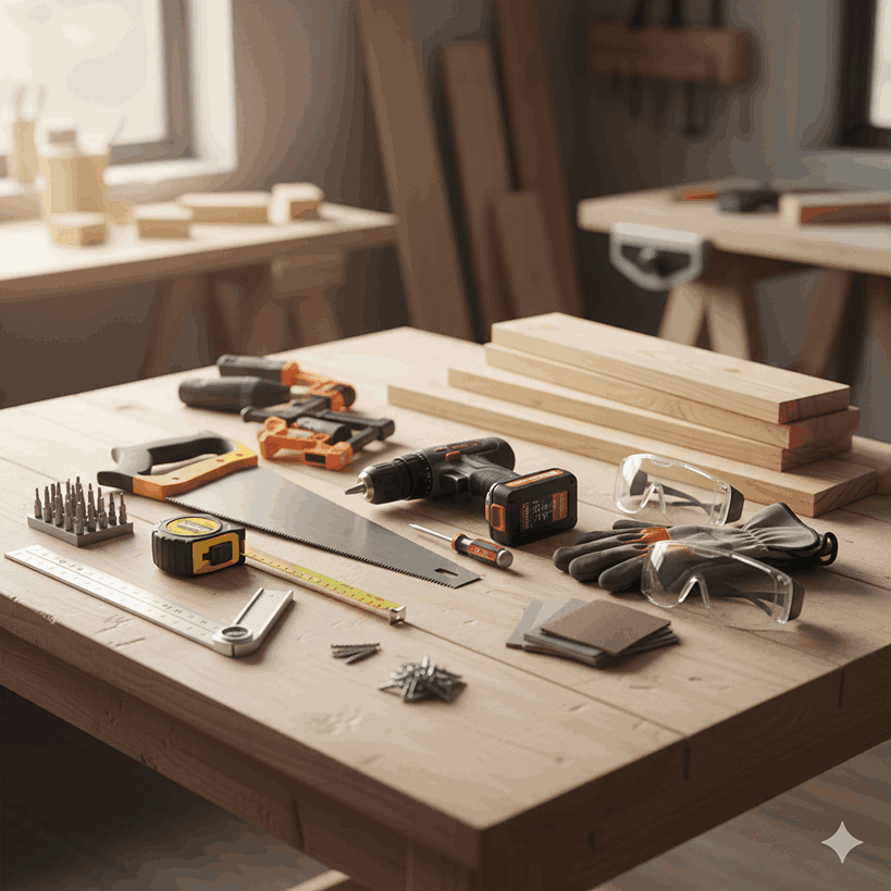Tools and materials for building a kitchen counter frame.