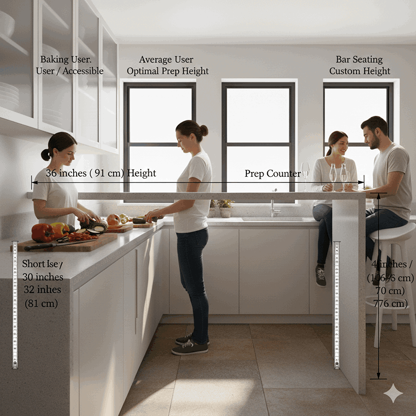 Modern kitchen with multi-level counters designed for comfort and different cooking tasks.