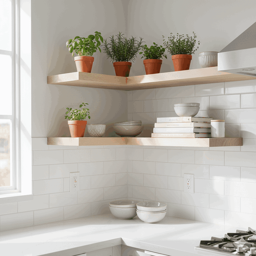 Kitchen counter corner with floating shelves displaying plants, dishes, and cookbooks to maximize vertical space.