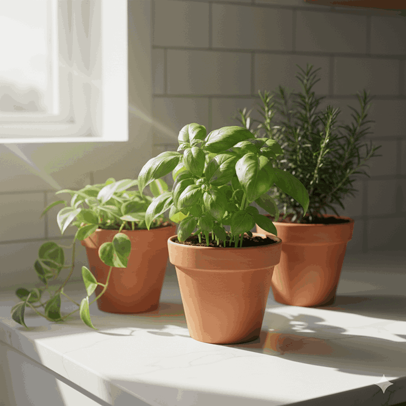 Kitchen corner decorated with small potted herbs like basil and rosemary, adding fresh decor and practical use.