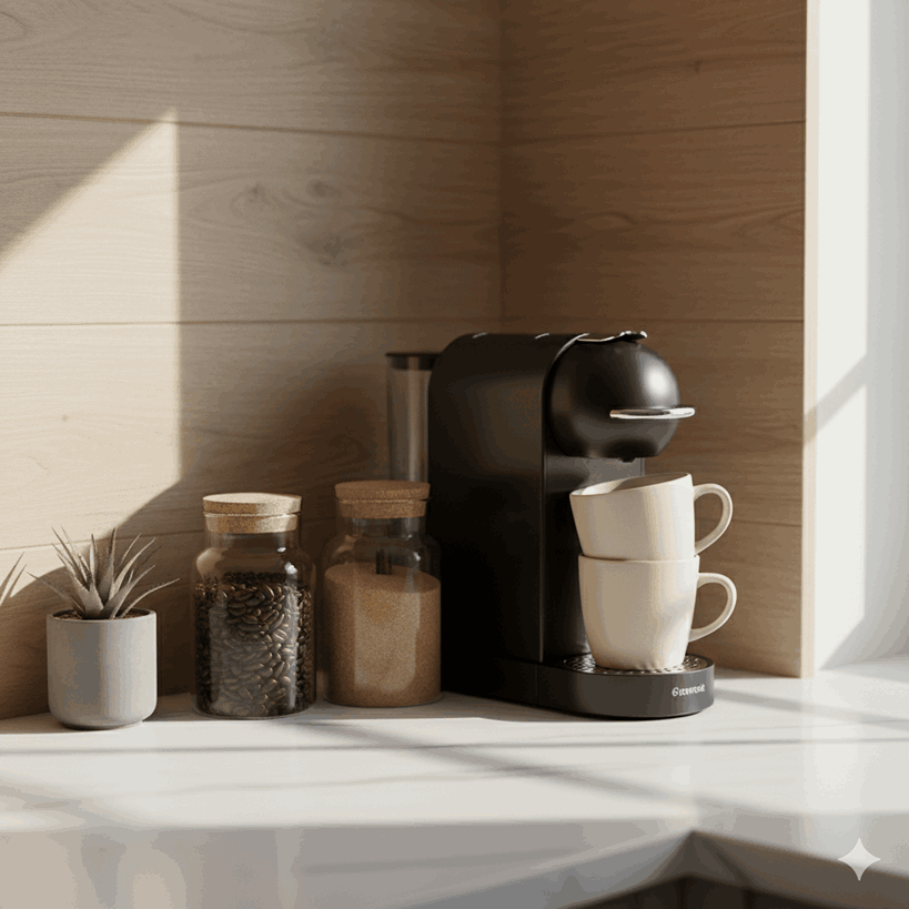 Kitchen corner mini coffee station with coffee machine, mugs, sugar jars, and plant for functional and stylish setup.