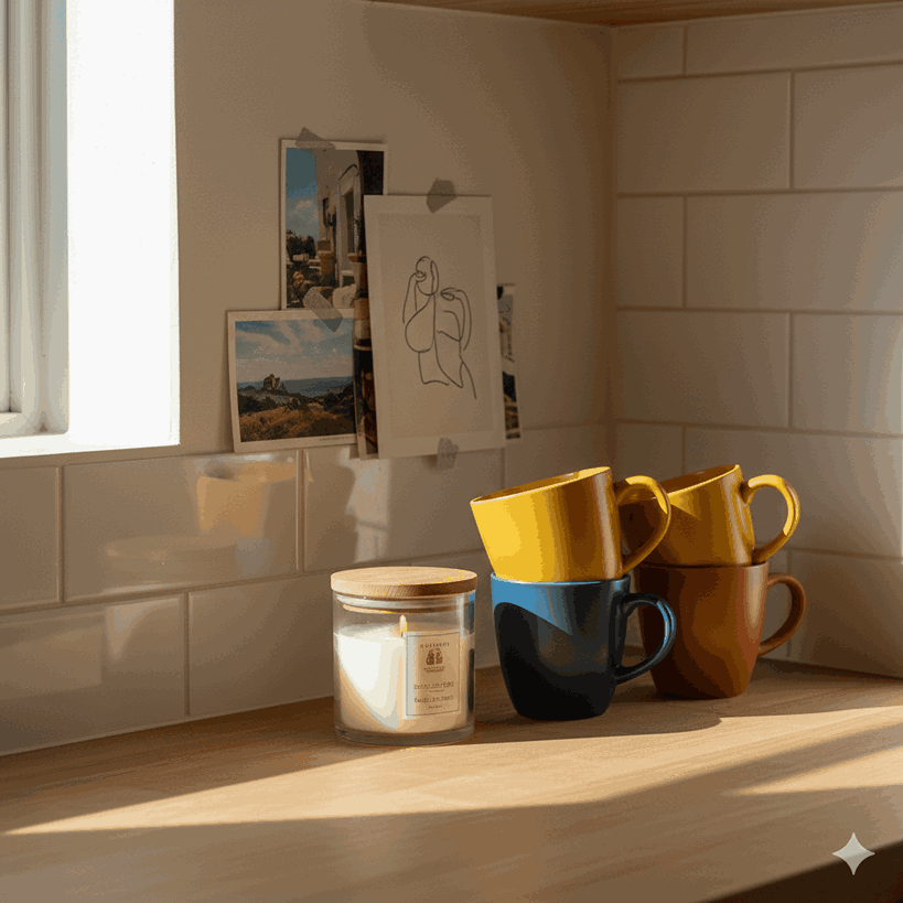 Kitchen counter corner with personal items like art, photos, mugs, and candle to add personality and cozy style.
