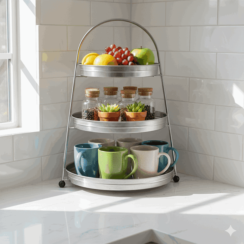 Tiered tray in a kitchen corner holding mugs, spices, and small plants to add height and layered decor.