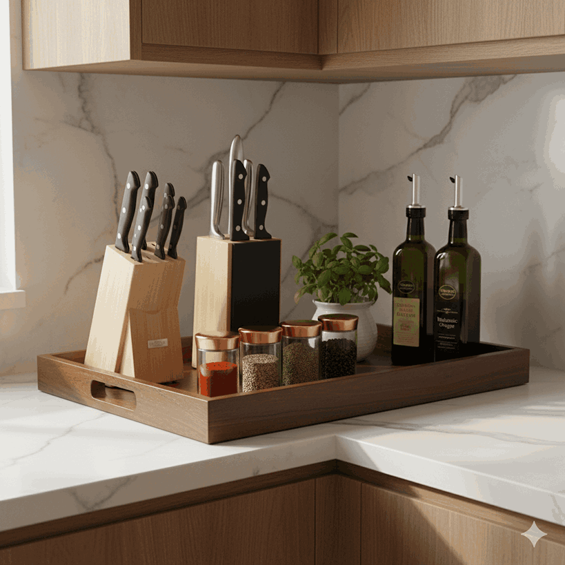 Organized kitchen corner with a tray holding spices, utensils, and decorative items for functional and stylish countertop storage.