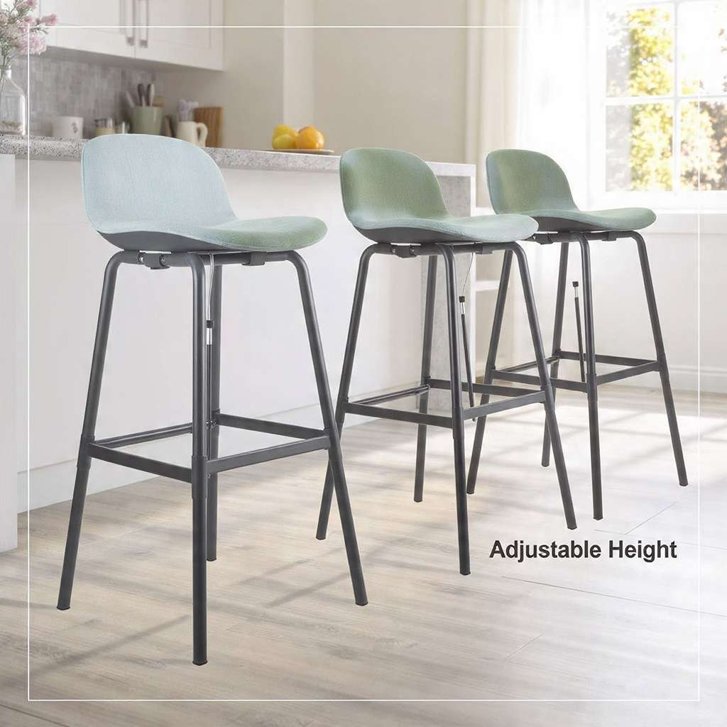 Adjustable height bar stools in a kitchen showing some stools lowered and some raised with visible adjustment levers.