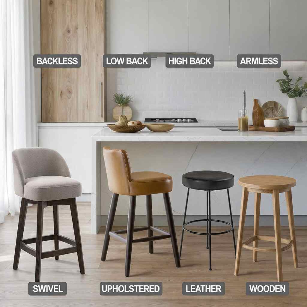 Different bar stool styles including backless, low back, high back, swivel, armless, upholstered, leather, and wooden displayed in a modern kitchen