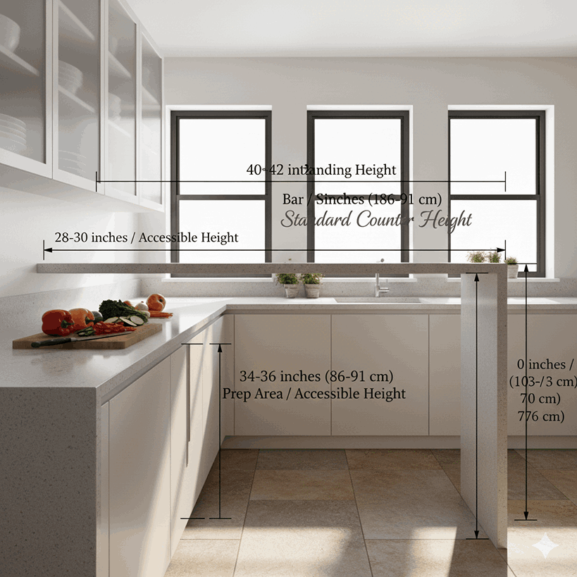 Kitchen counter measured at the standard 36-inch height in a modern home setup.
