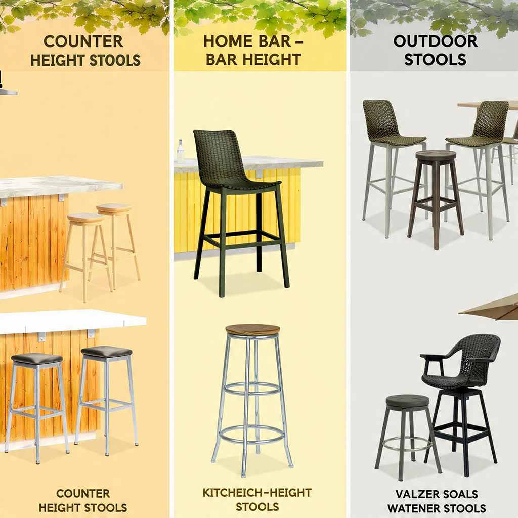 Different bar stools placed in kitchen, home bar, and outdoor patio showing the right stool for each space.