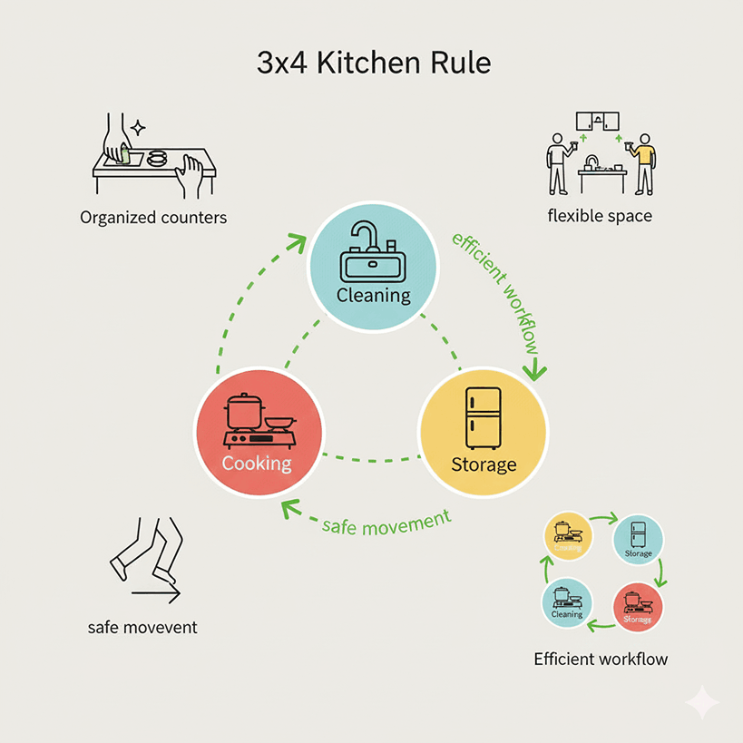 Benefits of the 3x4 kitchen rule for efficient workflow, organization, safety, and flexible kitchen design.