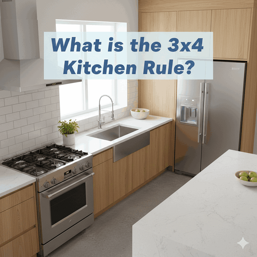 What is the 3x4 kitchen rule explained with cooking, cleaning, and storage zones in an ergonomic kitchen layout