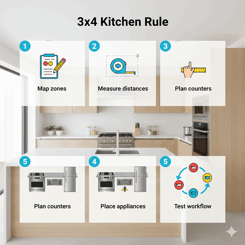 Step-by-step implementation of the 3x4 kitchen rule showing mapping zones, measuring, planning counters, placing appliances, and testing workflow.