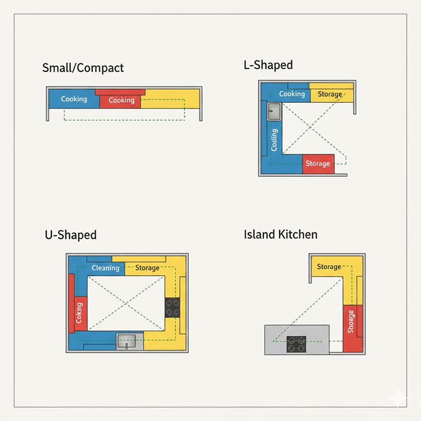 Different kitchen types applying the 3x4 kitchen rule including small, L-shaped, U-shaped, and island kitchens with functional zones