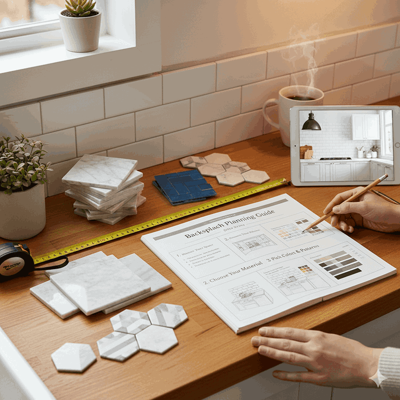 Infographic-style image showing step-by-step guide to selecting a kitchen backsplash including measuring space, choosing materials, colors, and installation options.