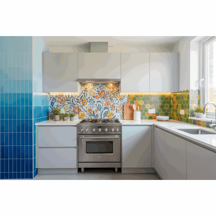 Unique and creative kitchen backsplash ideas showing mosaic tiles, geometric patterns, and gradient color designs.