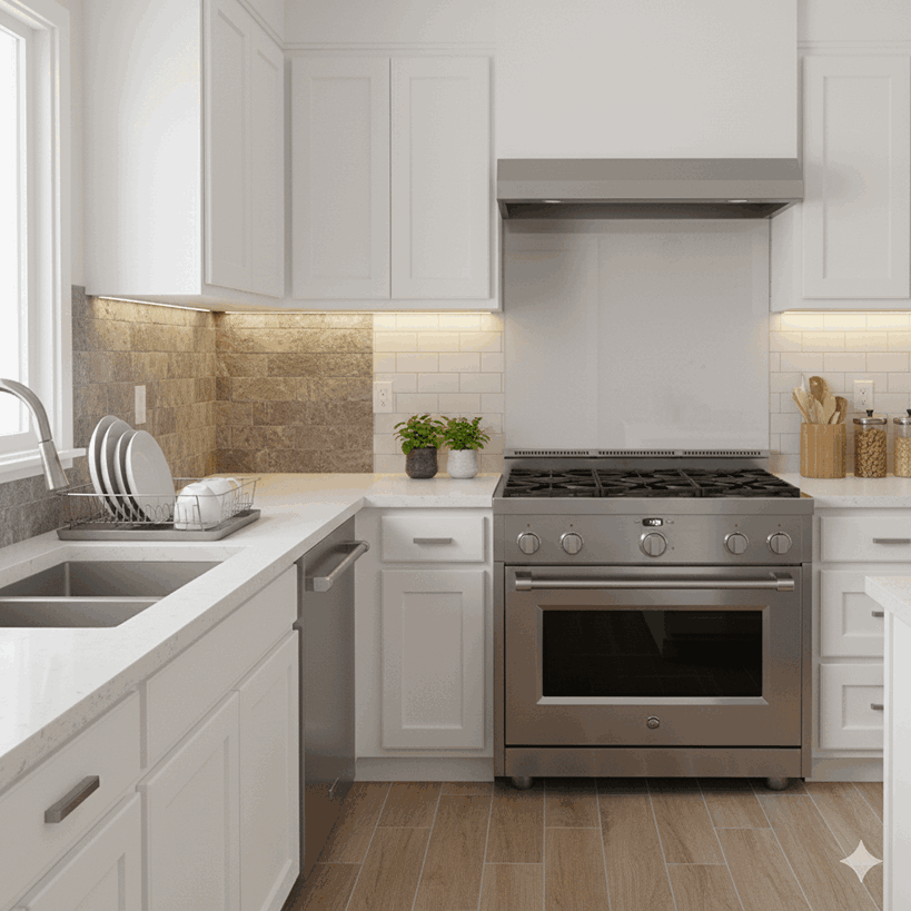 Kitchen highlighting functional backsplash designs including easy-to-clean glass, polished tiles, and stainless steel for durability.
