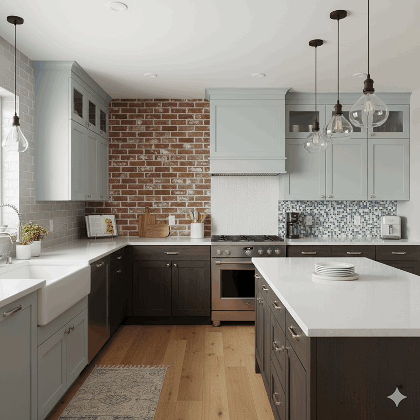 Collage of kitchen backsplashes showing modern, farmhouse, rustic, and small kitchen designs with different materials.