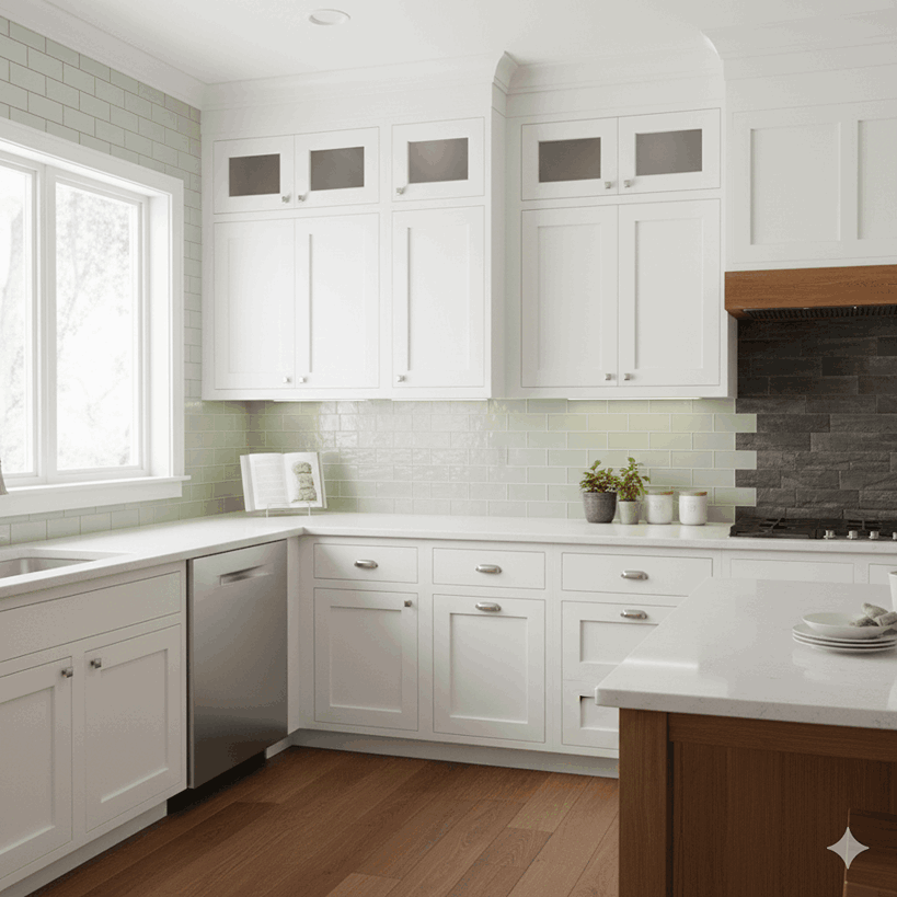 Kitchen showcasing backsplash color and design tips with light cabinets, dark tiles, and a mix of stone and glass textures.